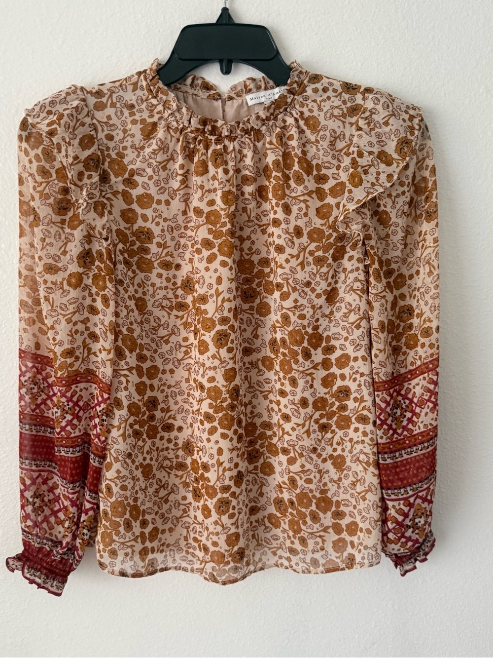 Mixed-Print Ruffle-Neck Blouse in Tan & Rust by Madewell